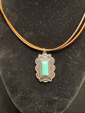 Turquoise Stone Pendant Necklace on Brown Leather Cord 16 inches